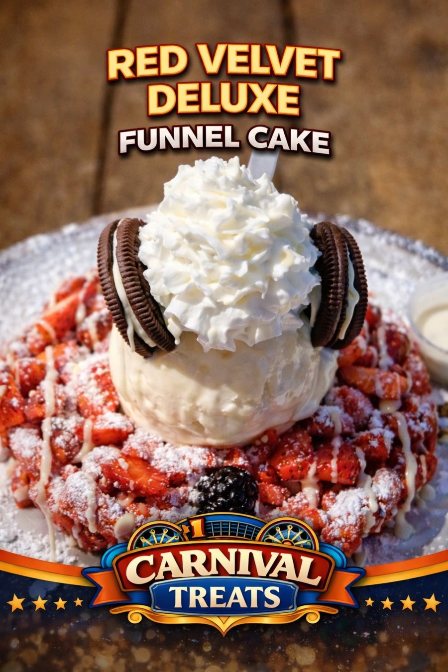 Red Velvet Deluxe Funnel Cake — Carnival Treats branded food photo