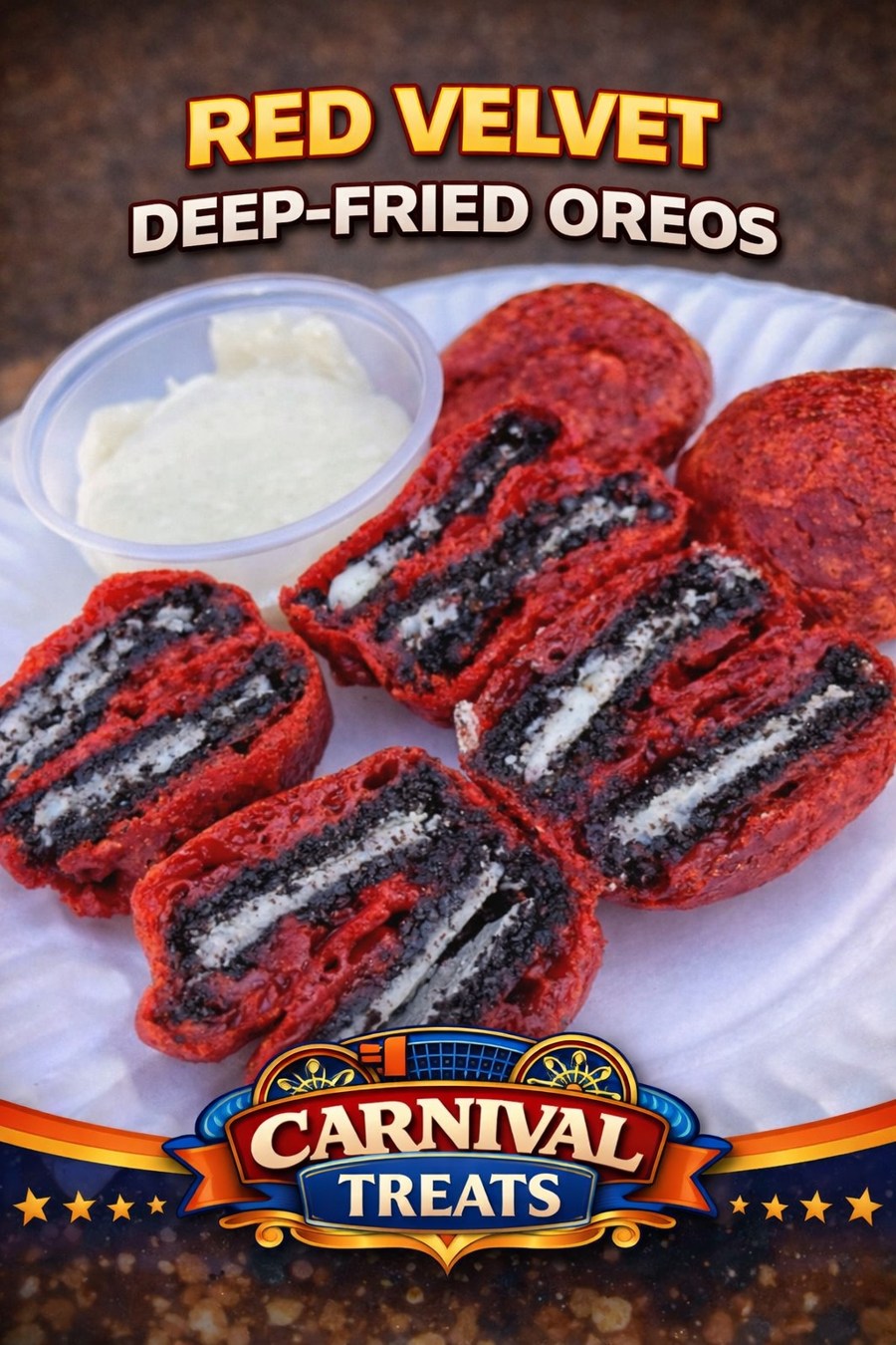 Red Velvet Deep-Fried Oreos — Carnival Treats branded food photo