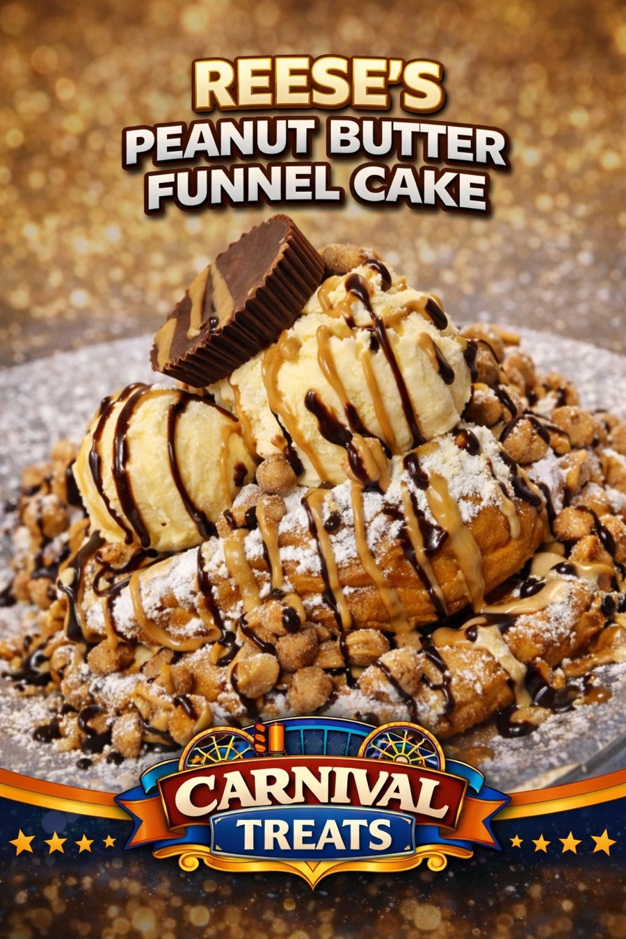 Reese’s Peanut Butter Funnel Cake — Carnival Treats branded food photo