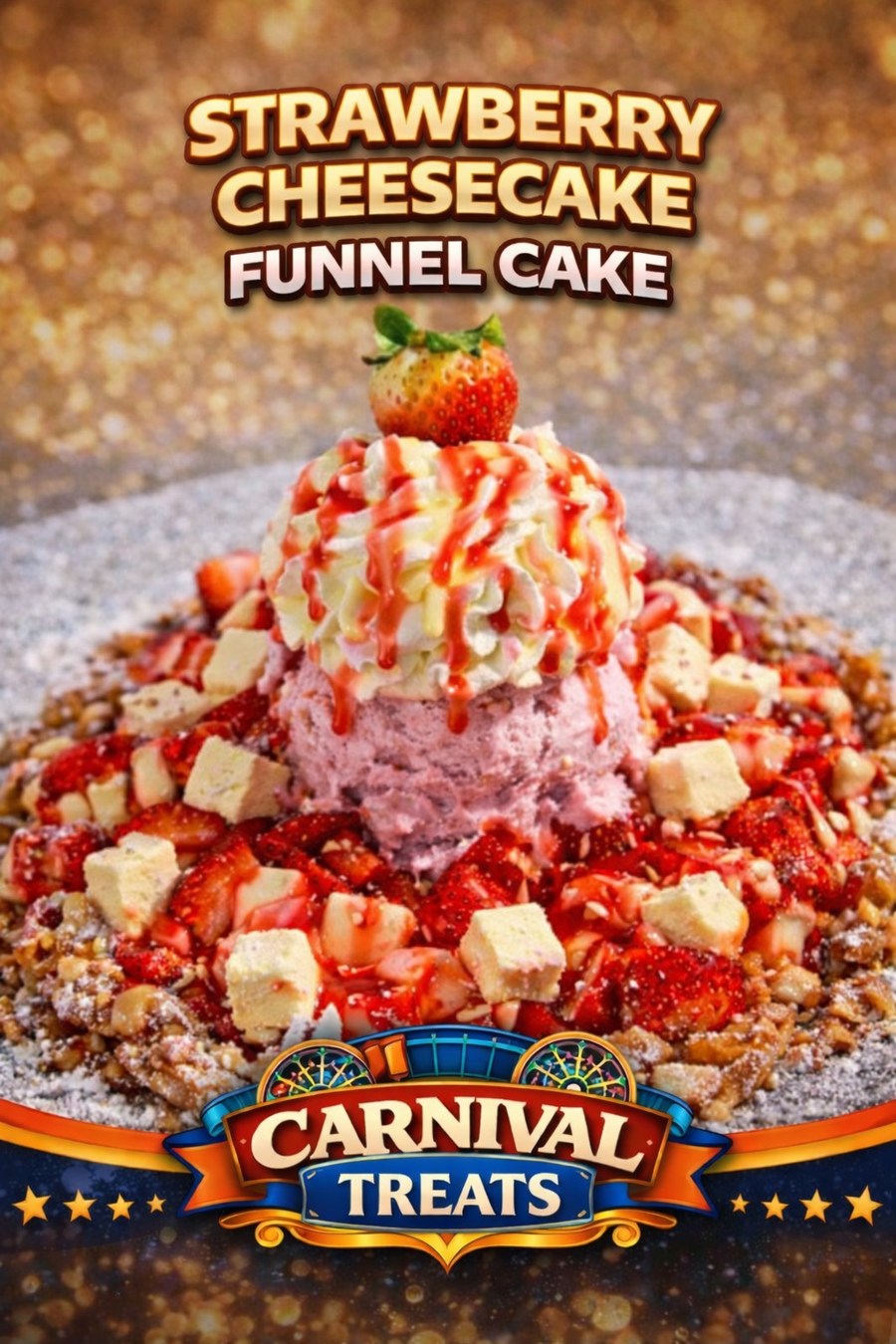 Strawberry Cheesecake Funnel Cake — Carnival Treats branded food photo